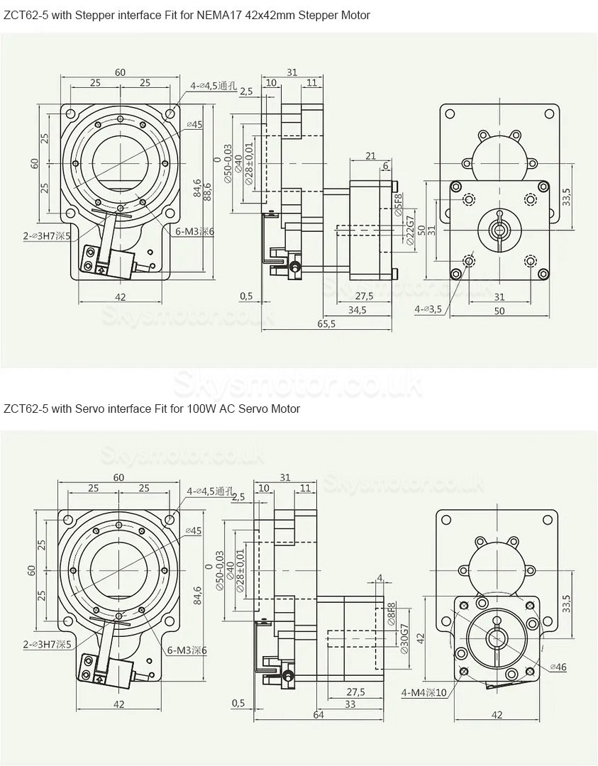 ZCT62-5/ZCT62-10 Rotary Actuator Reducer Input Shaft 5mm Ratio 5:1 10:1 for 42mm 100W AC Servo Motor/ Stepper Motor